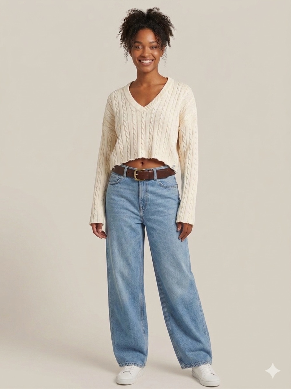 Known Supply Organic Cotton Cropped Cable-Knit V-Neck Sweater Cream Raw Hem M